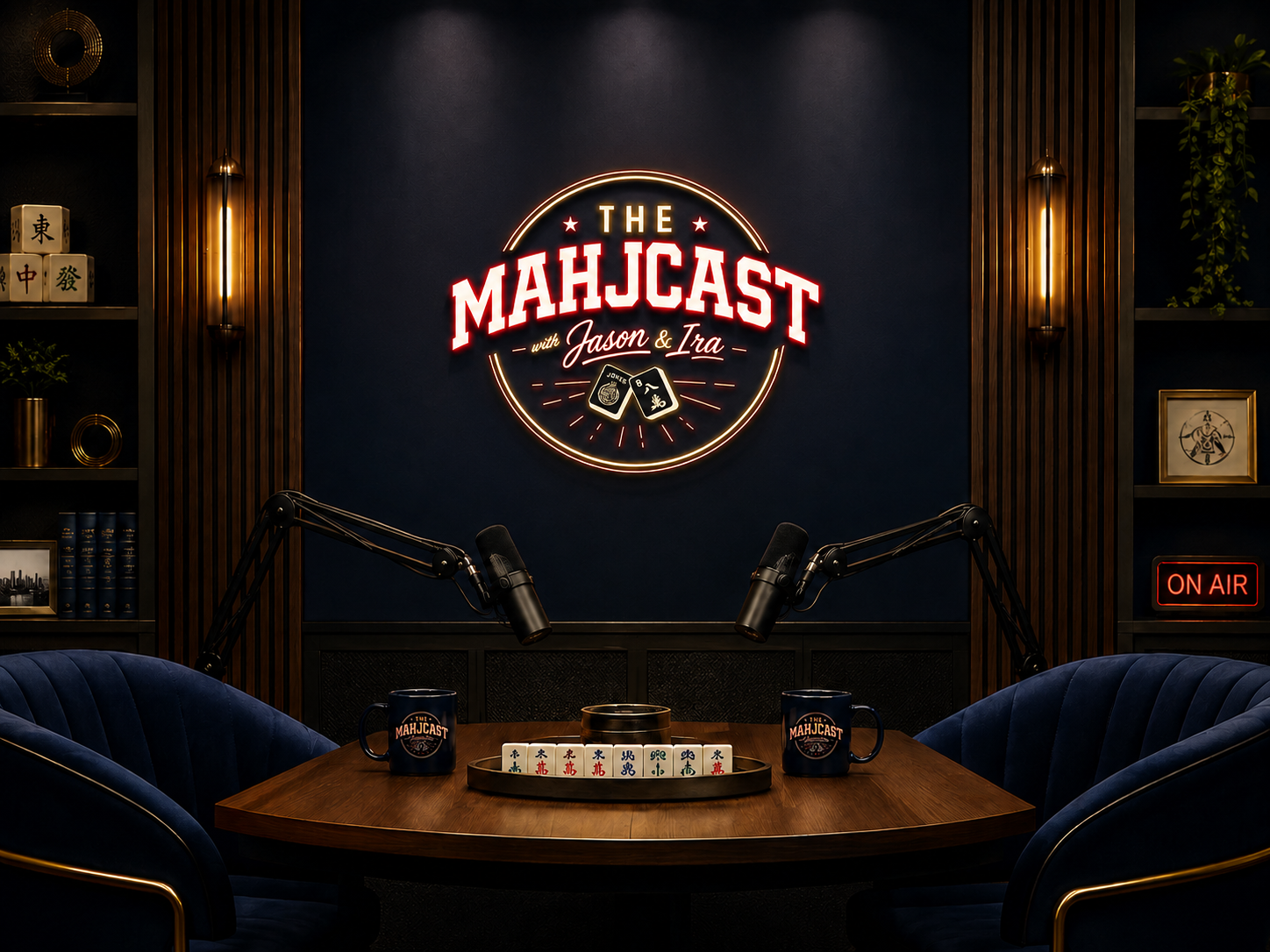 The Mahjcast podcast studio with microphones, mahjong tiles, and seating